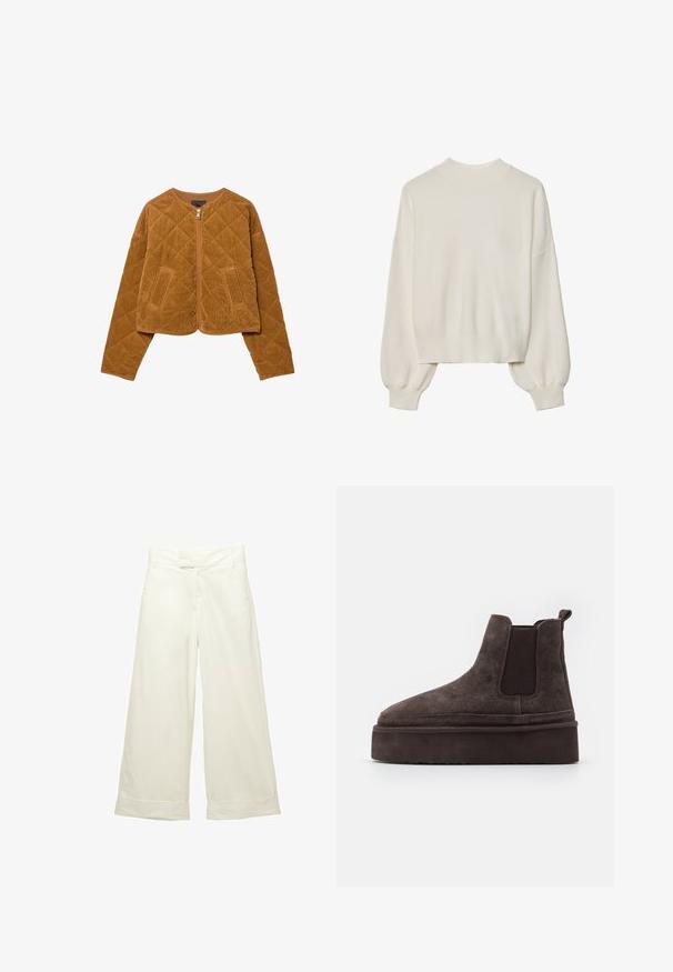 Rjava prešita corduroy jakna z sprednjim zadrgo in dvema žepoma, dolgimi rokavi in okrognim ovratnikom.; Bela pletena sv sweater s visokim ovratnikom, rebrastom teksturom i balon rukavima. Skraćena dužina sa uskim manžetama. Jednostavan, jednobojan dizajn.; Široke hlače iz mehkega, kremnega materiala. Imajo ravno sprednje pasove in zvite robove. Gladka tekstura s čistim, minimalističnim dizajnom.; Rjave semiš Chelsea čizme z elastičnimi stranskimi paneli in debelim, teksturiranim platformnim podplatom. Imajo zanko na peti za lažje oblačenje.