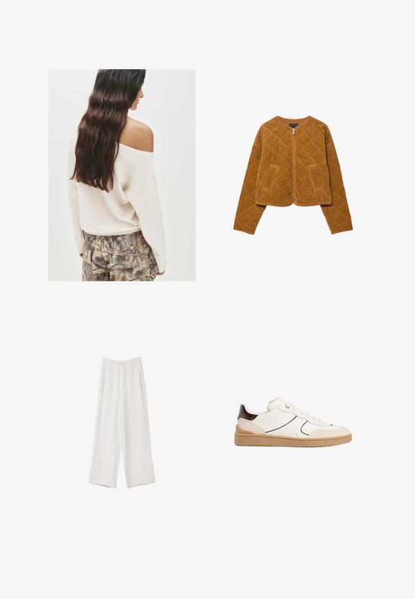 Rjava prešita corduroy jakna z sprednjim zadrgo in dvema žepoma, dolgimi rokavi in okrognim ovratnikom.; Krem pulover z off-the-shoulder izrezom in dolgimi rokavi, v kombinaciji z vzorčenimi cargo hlačami v zemeljskih tonih in teksturirano tkanino.; Bele široke hlače iz lahkega materiala. Imajo elastičen pas s vrvico in stranske žepe. Gladka tekstura.; Stradivarius Športni copati - white