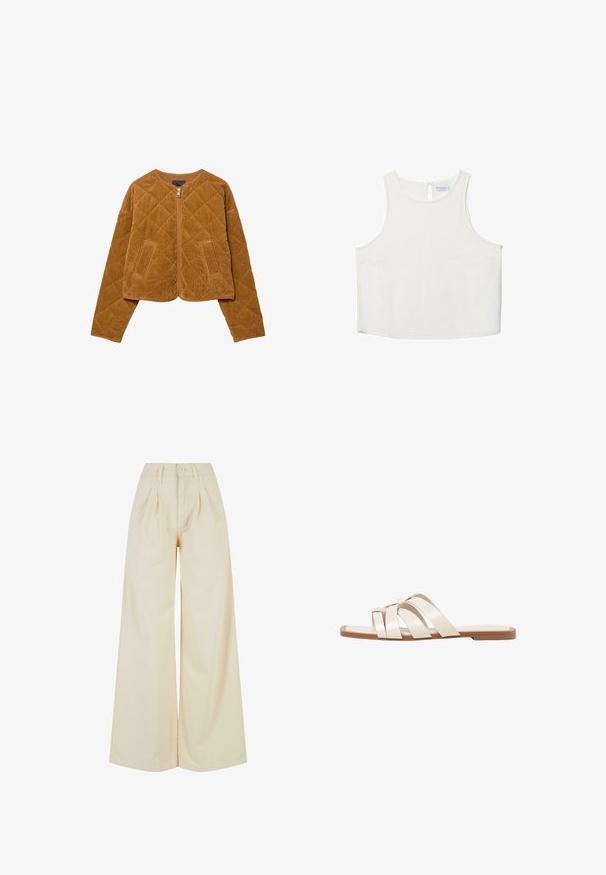 Brun quiltad kordfløyeljacka med framzipper och två fickor, långa ärmar och rund hals.; Vit ärmlös topp med rundad halsringning, featuring en subtil textur, detalj med nyckelhål i ryggen och rak nederkant.; Beiga vida byxor med hög midja, med knäppning och plissé detaljer. Slät tyg med en mjuk känsla.; Platta sandaler med en brun gummisula, designade med tre överlappande vita läderspännen och en liten rosett i mitten.