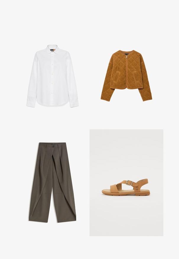 Veste en velours côtelé matelassé marron avec fermeture éclair avant et deux poches, manches longues et col rond.; Chemise blanche à manches longues en coton doux, avec un col classique, une fermeture à boutons sur le devant et un logo subtil sur la poitrine gauche.; Pantalons à jambes larges en tissu texturé gris foncé. Présente un pli avant, une fermeture par bouton et des poches latérales pour plus de praticité.; Sandale en cuir marron avec une boucle, bout ouvert et rembourrage de la semelle. Présente une semelle en caoutchouc flexible et un détail de logo en relief.
