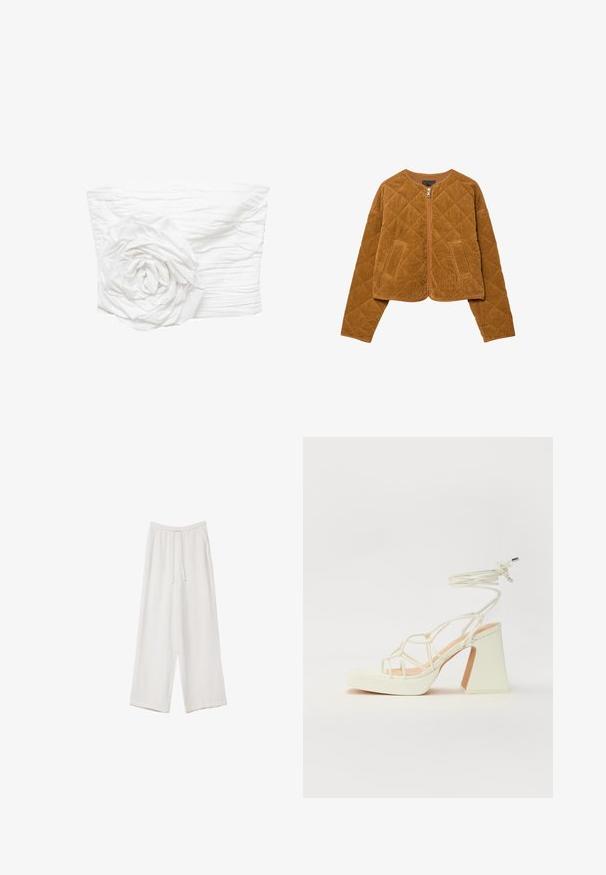 Rjava prešita corduroy jakna z sprednjim zadrgo in dvema žepoma, dolgimi rokavi in okrognim ovratnikom.; Mango Top - off-white; Bele široke hlače iz lahkega materiala. Imajo elastičen pas s vrvico in stranske žepe. Gladka tekstura.; Bela sandala na visokih petah s debelim petam, ki ima obliko trakcev in vezanje okoli gležnja. Gladka tekstura z platformo spredaj za dodatno višino.