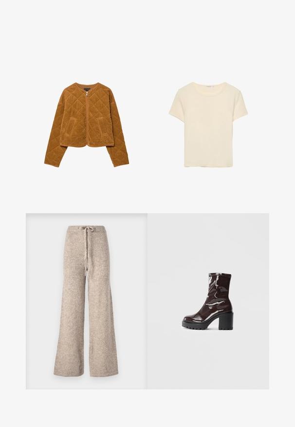 Brun quiltad kordfløyeljacka med framzipper och två fickor, långa ärmar och rund hals.; Krämfärgad, kortärmad t-shirt i mjukt tyg. Har en klassisk rund halsringning och en avslappnad passform, utan märkbara mönster eller detaljer.; Beige vida byxor i texturerat stickat tyg, med en dragsko i midjan och en avslappnad passform.; Glansig bordeauxfärgad ankelsko med en kraftig svart klack, som har en slät yta och enkel design. Inga synliga stängningar eller mönster.