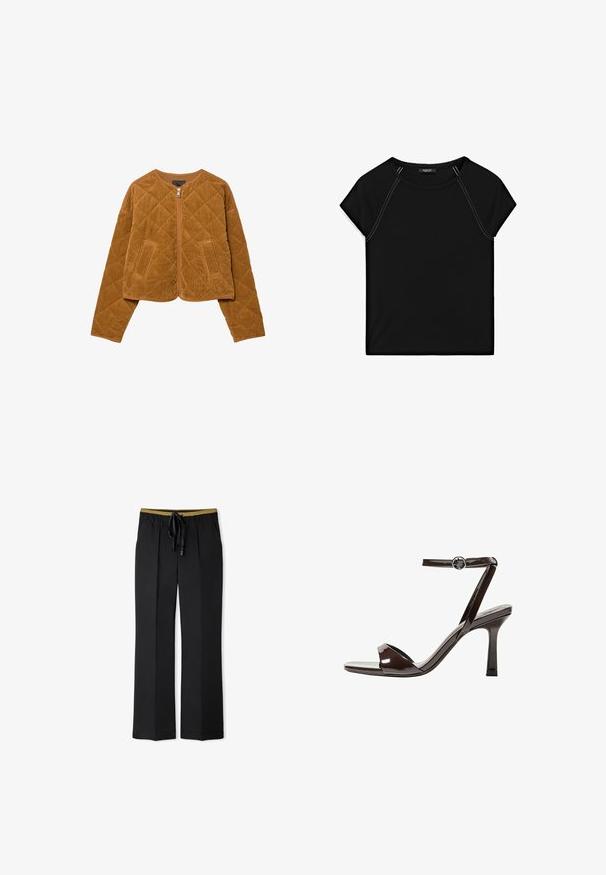 Braune, gesteppten Cord-Jacke mit Frontreißverschluss und zwei Taschen, langen Ärmeln und rundem Kragen.; Schwarzes Kurzarmoberteil mit rundem Halsausschnitt und kontrastierendem weißen Nähten an den Schultern und Seiten. Weicher, glatter Stoff.; Schwarze weit geschnittene Hose mit einem Kordelzug am Bund. Mit einem kontrastierenden goldenen Akzent am Taillenbund. Hergestellt aus einem weichen, glatten Stoff.; Braune Lackleder-High-Heelsandale mit einem Knöchelriemen, offener Zehenpartie und einem schlanken, minimalistischen Design. Verfügt über einen quadratischen Absatz.
