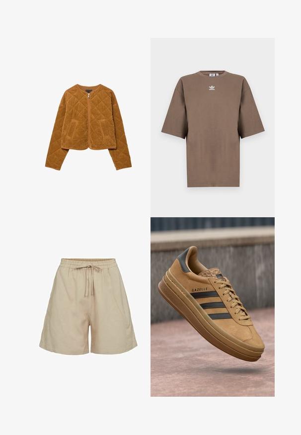 Brown quilted corduroy jacket with front zipper and two pockets, long sleeves, and a round neckline.; Brown cotton t-shirt with short sleeves, round neck, and white Adidas logo centered at the chest, featuring a plain design and relaxed fit.; Beige, lightweight fabric shorts with an elastic waistband and drawstring. Features a relaxed fit and side pockets. Smooth texture.; Tan suede sneakers with a smooth texture, featuring three dark stripes, a rounded toe, and a thicker sole with a patterned edge.