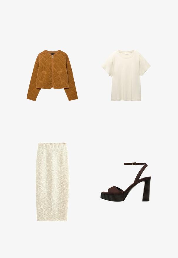 Hnedá prešívaná kordurovná bunda s predným zipsom a dvoma vreckami, dlhými rukávmi a okrúhlym výstrihom.; Svetlo béžové tričko s krátkym rukávom a okrúhlym výstrihom, vyrobené z jemnej, hladkej tkaniny. Má voľný strih a rovný lem.; Úzka pletená sukňa v krémovej farbe s textúrovaným povrchom, elastickým pásom a priliehavým strihom, navrhnutá pre štíhly vzhľad.; Hnedé semišové sandále na vysokom podpätku s otvorenou špičkou, nastaviteľným členkovým remienkom a pruhovanou platformovou podrážkou.