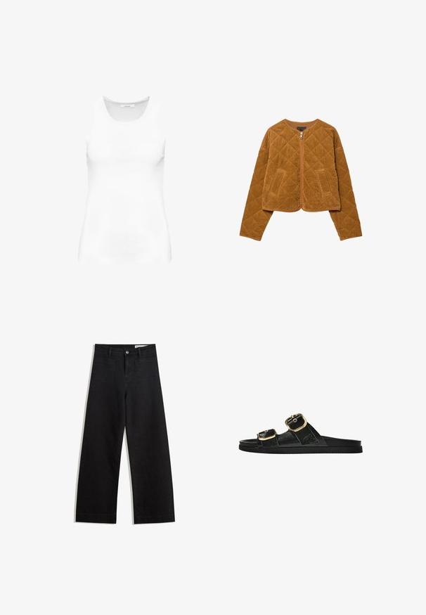 Giacca in corduroy marrone trapuntata con zip frontale e due tasche, maniche lunghe e scollo rotondo.; Top senza maniche bianco realizzato in un tessuto liscio ed elasticizzato. Presenta una texture a coste e un collo rotondo. Design minimalista senza decorazioni.; Pantaloni in denim neri a gamba larga con vita alta, dotati di tasche anteriori e posteriori, cuciture a punto, e chiusura con bottone. Texture liscia.; Infradito neri con due accenti di fibbia dorata, materiale dalla texture liscia, suola piatta e design minimalista.