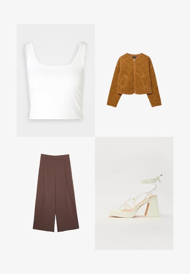 Bruine gewatteerde corduroy jas met een rits aan de voorkant en twee zakken, lange mouwen en een ronde halslijn.; GAP COMPACT BRAMI - Top - new off white; Bruine wijde broek met een gladde textuur, voorzien van een hoge taille en plooien aan de voorkant. De stof is lichtgewicht en valt losjes.; Witte hoge hakken sandaal met een chunky hak, met een bandjesontwerp en enkelband. Gladde textuur met een plateau voor extra hoogte.