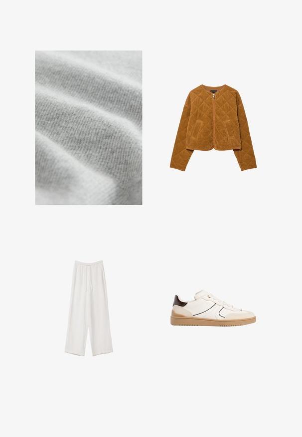 Braune, gesteppten Cord-Jacke mit Frontreißverschluss und zwei Taschen, langen Ärmeln und rundem Kragen.; Hellgrauer Stoff mit einem weichen, strukturierten Rippenmuster, das subtile Farbvariationen aufweist und eine glatte, einladende Oberfläche hat.; Weiße weit geschnittene Hose aus leichtem Stoff. Mit einem elastischen Bund und Kordelzug sowie Seitentaschen. Glatte Textur.; Stradivarius Sneaker low - white