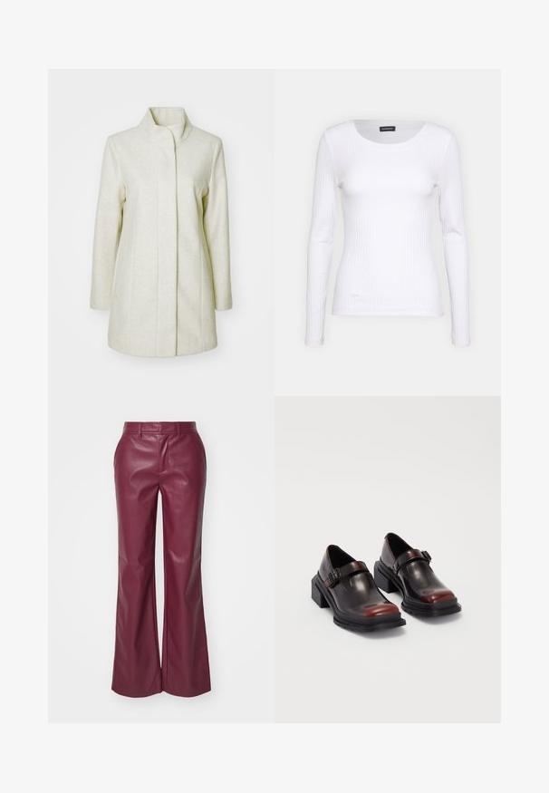 Lichtbeige jas gemaakt van zachte stof, met een hoge kraag, rechte snit en zijzakken met minimale stikseldetails.; Witte geribbelde langemouwen top met een ronde halslijn. Gemaakt van een rekbare stof die het lichaam volgt. Heeft subtiele horizontale lijnen.; Bordeaux leren uitlopende broeken met een gladde textuur, riemlussen en zijzakken; getailleerde pasvorm met een hoge taille.; Leren blokhak schoenen met een glanzende donkerburgundy afwerking, voorzien van een gespstrap en een rond neusstuk. Getextureerde zool voor grip.