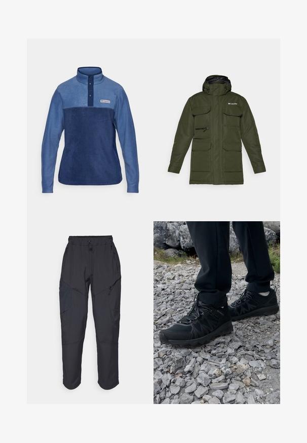 Chaqueta aislante verde oliva con cierre frontal, capucha ajustable y múltiples bolsillos frontales grandes. Presenta un tejido texturizado y un logotipo.; Suéter de forro polar en tonos de azul con un cuello alto, tapeta de cuatro botones y un parche de logo en el pecho, presentando un acabado suave y texturizado.; Pantalones cargo negros hechos de un material ligero y resistente al agua; cuentan con una cintura elástica, múltiples bolsillos con cremallera y piernas ajustadas.; Zapatos exteriores negros con malla y material sintético, que presentan un upper texturizado, un sistema de cordones seguro y una suela robusta, sobre terreno rocoso.
