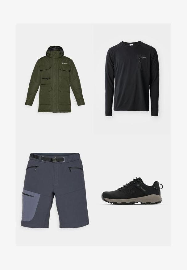 Oliivroheline isoleeritud jakk, millel on lukuga esikülg, reguleeritav kapuuts ja mitu suurt esikotid. Omab tekstuuri ja logo.; Columbia COLUMBIA TECH™ LONG SLEEVE CREW - Pikkade varrukatega topp - black; Tumedast hallist kangast lühikesed püksid, millel on kontrastseks heledam hall külgpaneel. Omab kahte lukuga esihemataskut ja vööd.; Mustad matkajalanõud musta ülemise osaga, sileda pinnaga, perforatsiooni disainiga, hallal väljal ja tugevdatud kontsaga. Omab paelu ja tõmbetaba lihtsaks selga panemiseks.