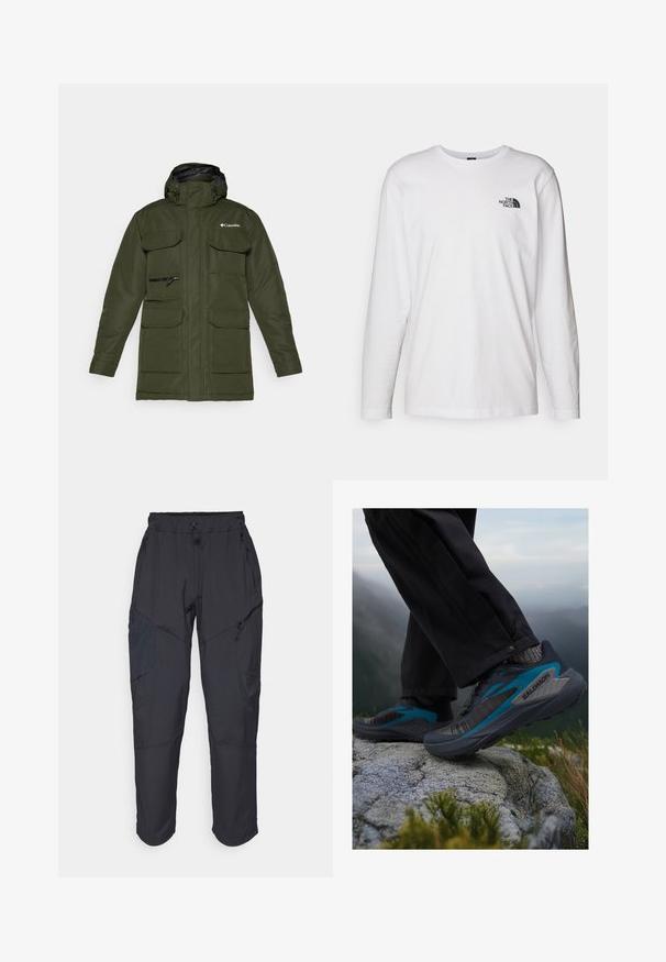 Giacca isolata verde oliva con zip frontale, cappuccio regolabile e numerose grandi tasche frontali. Presenta un tessuto testurizzato e un logo.; T-shirt bianco a maniche lunghe in cotone con colletto rotondo. Presenta un piccolo logo nero sul petto. Texture liscia, vestibilità regolare.; Pantaloni cargo neri realizzati in un materiale leggero e resistente all'acqua; presentano una vita elastica, diverse tasche con zip e gambe affusolate.; Salomon GENESIS - Scarpe da trail running - carbon/tahitian tide/quiet shade