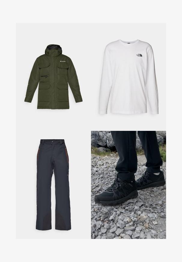 Olive green insulated jacket with a zippered front, adjustable hood, and multiple large front pockets. Features a textured fabric and logo.; White long-sleeve T-shirt made of cotton with a crew neck. Features a small black logo on the chest. Smooth texture, regular fit.; Ski pants in dark navy, featuring orange zippered pockets, a snap button closure, and contrasting black lower panels for durability.; Black outdoor shoes with mesh and synthetic material, featuring a textured upper, secured lacing system, and a rugged outsole, on rocky terrain.