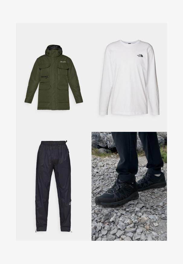 Olivově zelená zateplená bunda se zipem vpředu, nastavitelnou kapucí a několika velkými předními kapsami. Obsahuje texturovanou tkaninu a logo.; Bílý dlouhý rukáv tričko vyrobené z bavlny s kulatým výstřihem. Na hrudi se nachází malé černé logo. Hladká textura, běžný střih.; Černé, lehké, voděodolné kalhoty s elastickým pasem, bočními kapsami, manžetami se zapínáním na patentky a malým logem na noze.; Černé venkovní boty z prodyšného a syntetického materiálu, s texturovaným svrškem, bezpečným šněrovacím systémem a robustní podrážkou, na skalnatém terénu.