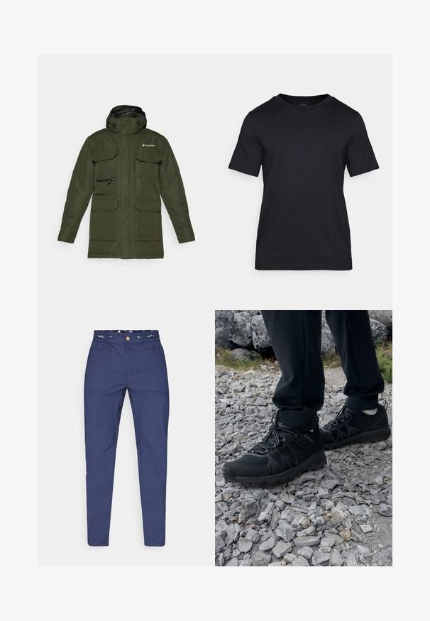 Olijfgroene geïsoleerde jas met een ritssluiting aan de voorkant, verstelbare capuchon en meerdere grote voorkruiden. Bevat een gestructureerde stof en logo.; Zwarte T-shirt gemaakt van soepel materiaal, met een ronde hals en korte mouwen. Subtiele branding in het zwart gedrukt op de borst.; Navyblauwe broek van lichtgewicht stof met een elastische tailleband, twee voorkruiszakken en een subtiele logo nabij de knie.; Zwarte buitenschoenen van mesh en synthetisch materiaal, met een gestructureerd bovenwerk, een beveiligd vetersysteem en een robuuste zool, op een ruig terrein.