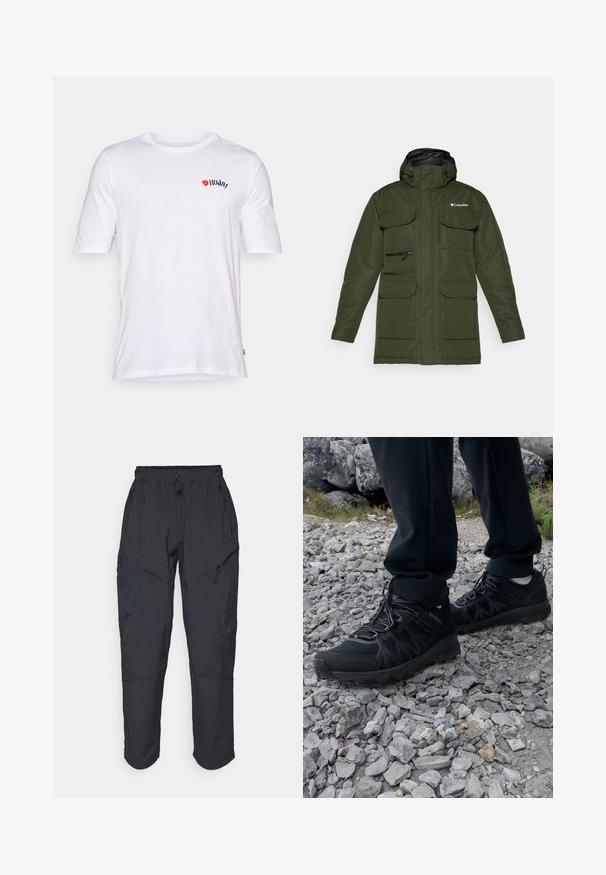 Olive green insulated jacket with a zippered front, adjustable hood, and multiple large front pockets. Features a textured fabric and logo.; White cotton t-shirt featuring a round neck, short sleeves, and a red and black logo on the chest. Smooth texture, casual fit.; Black cargo pants made from a lightweight, water-resistant material; features elastic waistband, multiple zippered pockets, and tapered legs.; Black outdoor shoes with mesh and synthetic material, featuring a textured upper, secured lacing system, and a rugged outsole, on rocky terrain.