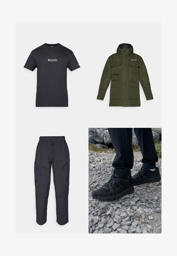 Olivnozeleni izolirani plašč z zadrgo spredaj, nastavljivo kapuco in večimi velikimi sprednjimi žepi. Ima teksturirano tkanino in logo.; Columbia BASIC LOGO™ SHORT SLEEVE - Potiskana majica - black; Črne cargo hlače iz lahkega, vodoodpornega materiala; imajo elastični pas, več žepov z zadrgo in ožja hlačnica.; Črne zunanje čevlje iz mrežastega in sintetičnega materiala, s teksturiranim zgornjim delom, zavarovanim sistemom vezalk in trdim podplatom, na skalnatem terenu.