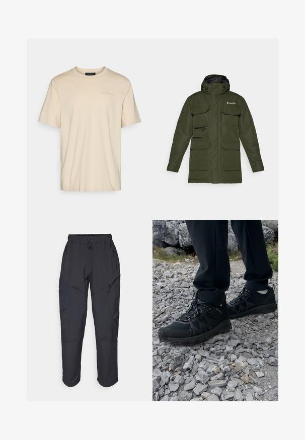 Maslinasto zelena izolirana jakna s prednjim zatvaračem, podesivom kapuljačom i više velikih prednjih džepova. Ima teksturiranu tkaninu i logo.; Bež majica kratkih rukava od pamuka s okruglim izrezom. Ima suptilan logo izvezen na prsima. Meki, glatki materijal.; Crne cargo hlače izrađene od laganog, vodootpornog materijala; imaju elastičnu utakmicu u struku, više munje na džepovima i sužene nogavice.; Crne vanjske cipele s mrežastim i sintetičkim materijalom, s teksturiranim gornjim dijelom, osiguranim sustavom vezanja i čvrstim potplatom, na stjenovitom terenu.