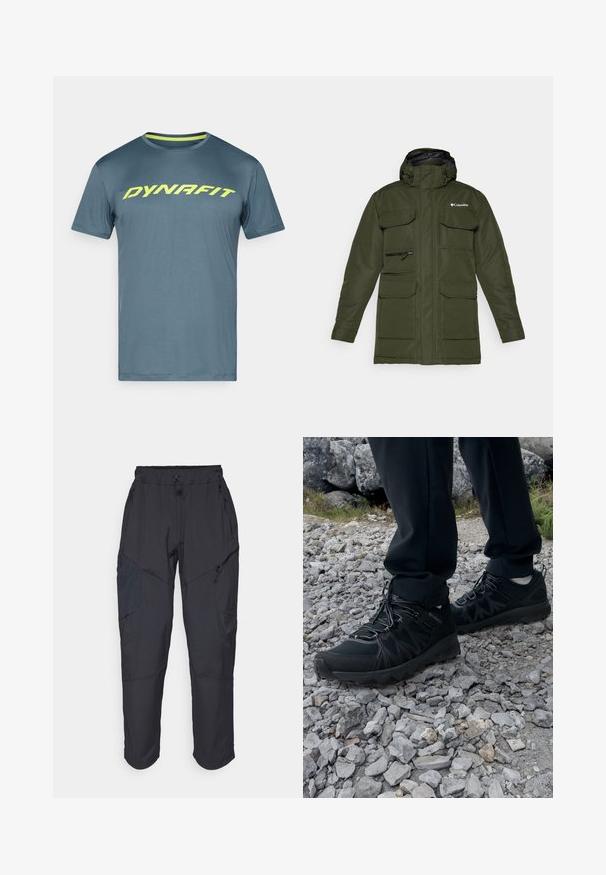 Olive green insulated jacket with a zippered front, adjustable hood, and multiple large front pockets. Features a textured fabric and logo.; Blue short-sleeve athletic shirt with neon yellow "DYNAFIT" logo across the chest, crew neck, and contrast yellow inner collar trim.; Black cargo pants made from a lightweight, water-resistant material; features elastic waistband, multiple zippered pockets, and tapered legs.; Black outdoor shoes with mesh and synthetic material, featuring a textured upper, secured lacing system, and a rugged outsole, on rocky terrain.