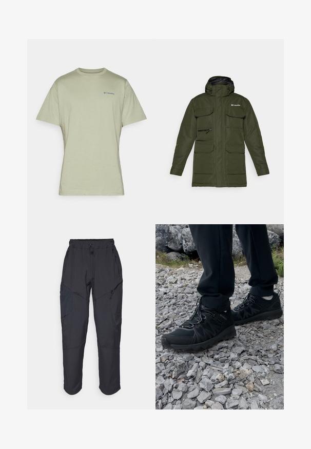 Olivově zelená zateplená bunda se zipem vpředu, nastavitelnou kapucí a několika velkými předními kapsami. Obsahuje texturovanou tkaninu a logo.; Světle zelené bavlněné tričko s krátkými rukávy, kulatým výstřihem a malým modrým logem Columbia na horním levém prsu.; Černé cargo kalhoty vyrobené z lehkého, voděodolného materiálu; mají elastický pas, několik kapes na zip a zúžené nohavice.; Černé venkovní boty z prodyšného a syntetického materiálu, s texturovaným svrškem, bezpečným šněrovacím systémem a robustní podrážkou, na skalnatém terénu.