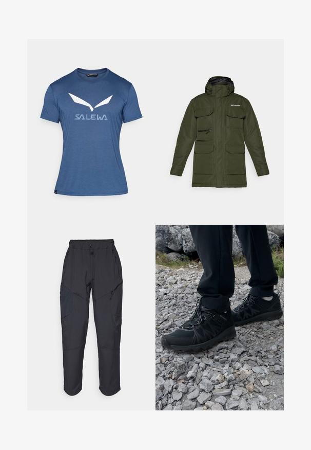 Olivově zelená zateplená bunda se zipem vpředu, nastavitelnou kapucí a několika velkými předními kapsami. Obsahuje texturovanou tkaninu a logo.; Modrá krátká bunda s rukávy vyrobená z měkkého materiálu, s bílým grafickým logem a abstraktním designem na přední straně. Jednoduchý kulatý výstřih.; Černé cargo kalhoty vyrobené z lehkého, voděodolného materiálu; mají elastický pas, několik kapes na zip a zúžené nohavice.; Černé venkovní boty z prodyšného a syntetického materiálu, s texturovaným svrškem, bezpečným šněrovacím systémem a robustní podrážkou, na skalnatém terénu.