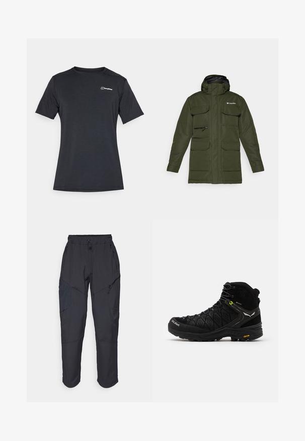 Ελαιόματα πράσινο μπουφάν με μόνωση, φερμουάρ μπροστά, ρυθμιζόμενη κουκούλα και πολλαπλές μεγάλες μπροστινές τσέπες. Διαθέτει υφαντό ύφασμα και λογότυπο.; Berghaus DELTA TEE - Αθλητικό μπλουζάκι - black; Μαύρο cargo παντελόνι κατασκευασμένο από ελαφρύ, αδιάβροχο υλικό; διαθέτει ελαστική μέση, πολλαπλές τσέπες με φερμουάρ και στενές μύτες.; Μαύρο ορειβατικό μποτάκι με υφή στο πάνω μέρος, ενισχυμένη μύτη και σόλα Vibram. Το σύστημα κορδονιών περιλαμβάνει γάντζους για ασφαλή εφαρμογή.