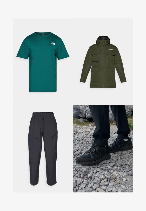 Olivengrønn isolert jakke med glidelås foran, justerbar hette og flere store frontlommer. Har et strukturert stoff og logo.; Teal bomull crew-neck t-skjorte med korte ermer. Har en hvit logo på øvre venstre bryst og en glatt stoffstruktur.; Sorte cargo bukser laget av et lett, vannavvisende materiale; har elastisk midje, flere glidelåslommer og smale ben.; Sorte utendørssko i svart med mesh og syntetisk materiale, med en teksturert overdel, sikret snøresystem og en robust såle, på steinete terreng.
