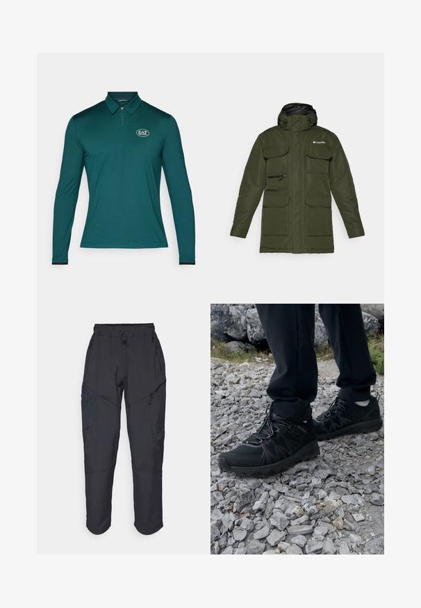 Casaco isolante verde azeitona com fecho éclair à frente, capuz ajustável e vários bolsos frontais grandes. Apresenta um tecido texturizado e logotipo.; Polo de manga longa verde escuro com um padrão texturizado subtil, colarinho com meio zíper e um logótipo circular no lado esquerdo do peito.; Calças cargo pretas feitas de um material leve e resistente à água; apresentam uma cintura elástica, múltiplos bolsos com fecho e pernas ajustadas.; Sapatos pretos para exterior, feitos de material em malha e sintético, com um cabedal texturizado, sistema de atilho seguro e uma sola robusta, sobre terreno rochoso.