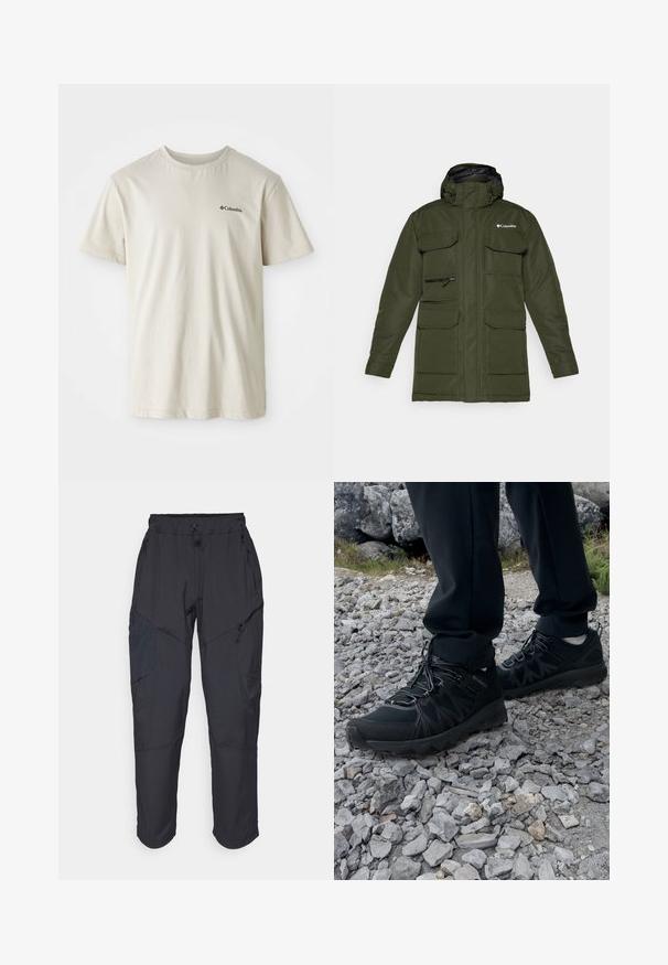Maslinasto zelena izolirana jakna s prednjim zatvaračem, podesivom kapuljačom i više velikih prednjih džepova. Ima teksturiranu tkaninu i logo.; Bež pamukasta majica s kratkim rukavima, okruglim izrezom i malim crnim logotipom na lijevoj strani prsnog područja. Glatka, neukrašena tkanina.; Crne cargo hlače izrađene od laganog, vodootpornog materijala; imaju elastičnu utakmicu u struku, više munje na džepovima i sužene nogavice.; Crne vanjske cipele s mrežastim i sintetičkim materijalom, s teksturiranim gornjim dijelom, osiguranim sustavom vezanja i čvrstim potplatom, na stjenovitom terenu.