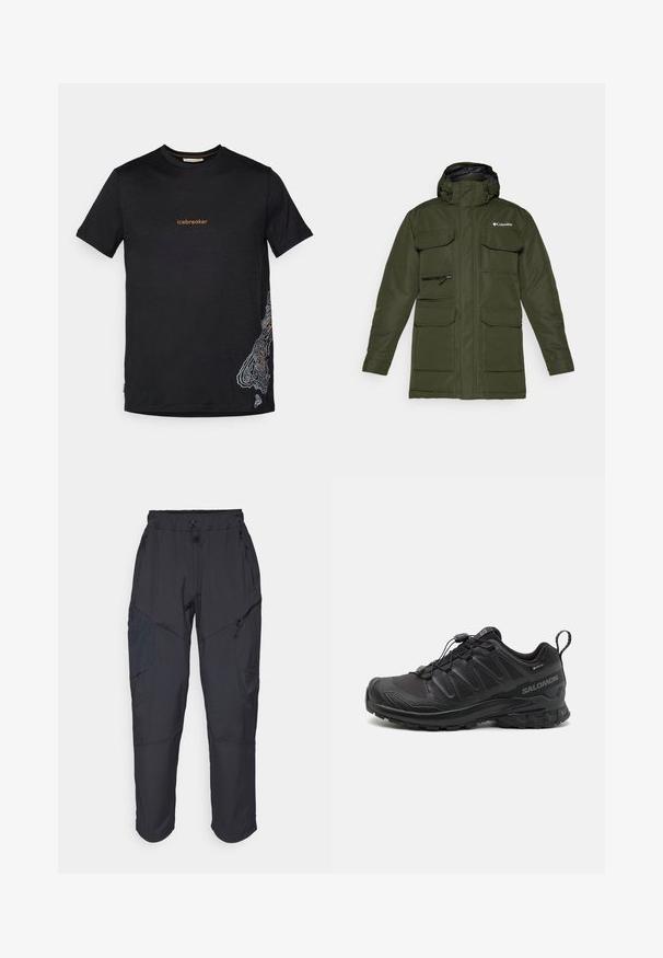 Olivgrüne isolierte Jacke mit einem Reißverschluss vorne, verstellbarer Kapuze und mehreren großen Fronttaschen. Besitzt einen strukturierten Stoff und ein Logo.; Schwarzes T-Shirt mit kurzen Ärmeln, auf der Brust in orangefarbener Schrift "icebreaker" und einem weißen topografischen Kartendesign auf der unteren rechten Seite.; Schwarze Cargo-Hosen aus leichtem, wasserabweisendem Material; verfügen über einen elastischen Bund, mehrere Reißverschlusstaschen und schmal zulaufende Beine.; Schwarzer Sportschuh mit einer strukturierten, synthetischen Oberseite, gepolsterten Sohle und einem schnellen Schnürsystem. Verfügt über eine verstärkte Zehen- und Fersenkappe.