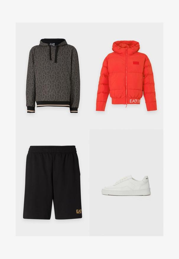 Giacca a vento rossa con cappuccio regolabile, zip frontale, polsini elastici e orlo. Presenta il logo EA7 sulla cintura. Texture liscia e lucida.; Felpa con cappuccio scuro caratterizzata da un motivo geometrico ripetuto, realizzata in un tessuto testurizzato. Cappuccio con lacci neri e polsini a righe alla base.; Pantaloni sportivi neri realizzati in tessuto morbido, con vita elastica e un piccolo logo EA7 giallo sulla parte bassa della gamba sinistra.; Sneaker in pelle bianca con una finitura liscia, punta rotonda, lacci piatti e suola testurizzata. Presenta un logo discreto sul tallone.