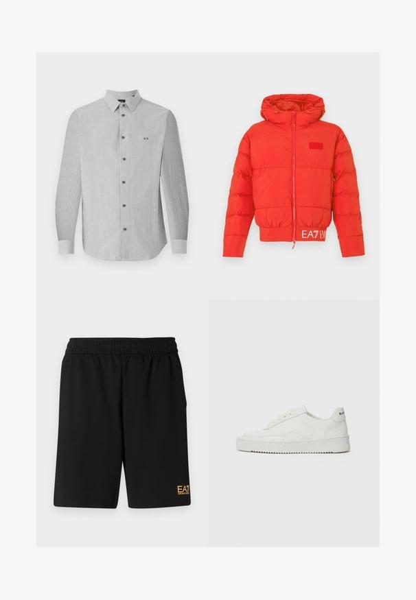 Piros puffdzseki húzózsinóros kapucnival, elülső cipzárral, rugalmas mandzsettával és hemzsebel. Az EA7 logó a derékrészen található. Simára polírozott, fényes textúra.; Csíkos, hosszú ujjú ing fekete és fehér színekben, gombos elejével, hegyes gallérral és kis logóval a bal mellrészen.; Fekete sportnadrág puha anyagból, rugalmas derékkal és egy kis sárga EA7 logóval a bal alsó lábszáron.; Fehér bőr sportcipő sima felülettel, kerek orral, lapos fűzőkkel és texturált talppal. Finom logó található a sarokon.