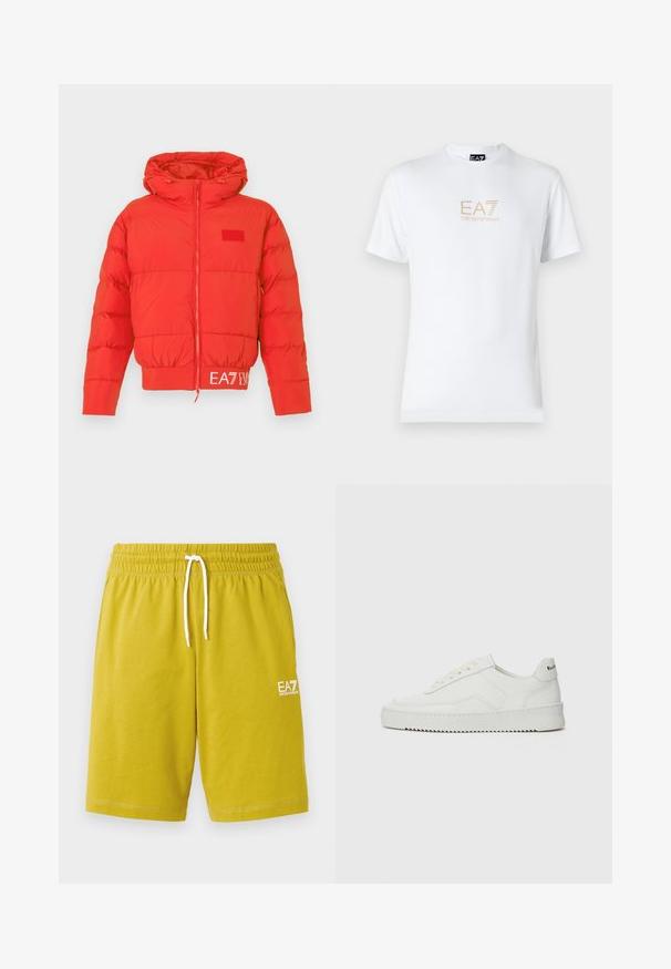 Piros puffdzseki húzózsinóros kapucnival, elülső cipzárral, rugalmas mandzsettával és hemzsebel. Az EA7 logó a derékrészen található. Simára polírozott, fényes textúra.; Fehér pamut póló, kerek nyakkivágással és rövid ujjakkal, az elején arany EA7 Emporio Armani logóval nyomtatva.; Sárga rövidnadrág puha anyagból, rugalmas derékkal és fehér húzózsinórral, az oldalon pedig egy kis fehér logóval.; Fehér bőr sportcipő sima felülettel, kerek orral, lapos fűzőkkel és texturált talppal. Finom logó található a sarokon.