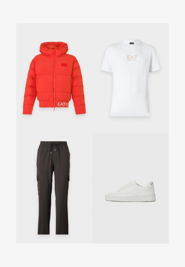 Chaqueta acolchada roja con capucha ajustable, cremallera frontal, puños elásticos y dobladillo. Presenta el logo de EA7 en la cinta de la cintura. Textura suave y brillante.; Camiseta blanca de algodón con escote redondo y mangas cortas, con un logo dorado de EA7 Emporio Armani impreso en el frente.; Pantalones cargo de color marrón oscuro con una cintura elástica, cordón ajustable y bolsillos laterales para almacenamiento. Textura de tela suave, diseño de pierna recta.; Zapatilla de cuero blanca con un acabado suave, puntera redonda, cordones planos y suela texturizada. Cuenta con un sutil logo en el talón.