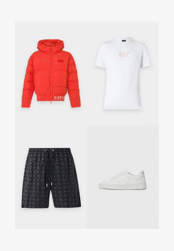 Red puffer jacket with a drawstring hood, front zipper, elastic cuffs, and hem. Features EA7 logo on the waistband. Smooth, shiny texture.; White cotton t-shirt featuring a round neckline and short sleeves, with a gold EA7 Emporio Armani logo printed on the front.; Black swim shorts featuring a repeated logo pattern and diamond shapes. Made of lightweight material, with an elastic waistband and drawstring.; White leather sneaker with a smooth finish, round toe, flat laces, and a textured sole. Features a subtle logo on the heel.