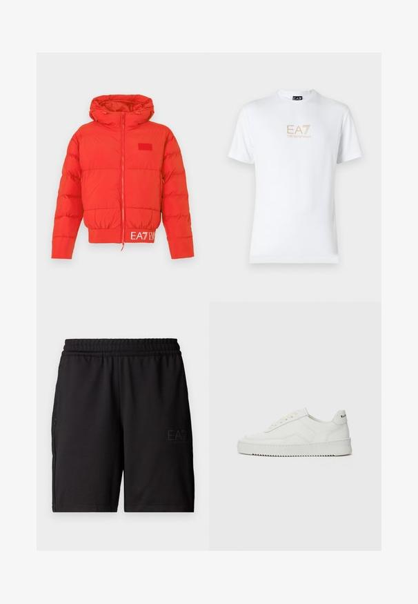 Rdeča puhasta jakna z vrvico na kapuci, sprednjim zadrgo, elastičnimi manšetami in robom. Na pasu se nahaja EA7 logo. Gladka, sijoča tekstura.; Bela bombažna majica s krožnim izrezom in kratkimi rokavi, s pozlačenim logotipom EA7 Emporio Armani natisnjenim spredaj.; Črne športne hlače iz lahkotnega materiala, z elastičnim pasom in mrežastimi stranskimi paneli. Logotip blagovne znamke potiskan spredaj.; Bela usnjena športna obutev z gladko površino, okroglo prst, ravne vezalke in teksturiran podplat. Ima diskretno logo na peti.