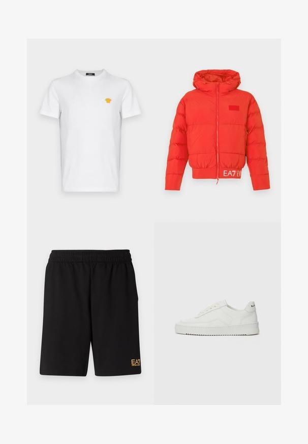 Sarkans pūkains mētelis ar saķeres kapuci, priekšējo rāvējslēdzēju, elastīgām piedurknēm un apakšmalu. Uz jostas ir EA7 logo. Gluda, spīdīga tekstūra.; Balta kokvilnas t-krekls ar īsām piedurknēm, ar nelielu dzeltenu izšūtu logotipu kreisajā krūtī. Klasisks apaļais kakla dizains.; Melnas sporta šortus, kas izgatavoti no mīksta auduma, ar elastīgu jostu un mazu dzeltenu EA7 logo zem kreisā kājas stūra.; Baltas ādas sneakers ar gludu virsmu, apaļu pirkstu daļu, plakaniem šņorēm un teksturētu zoli. Satur diskrētu logotipu uz papēža.