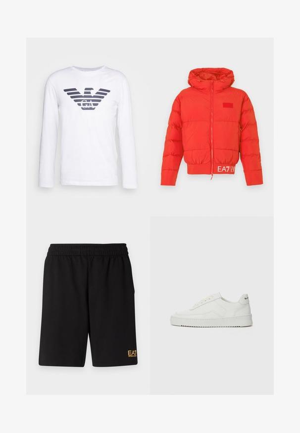 Crvena pufasta jakna s kapuljačom na vezanje, prednjim patentnim zatvaračem, elastičnim rukavima i rubom. Sadrži EA7 logo na pojasu. Glatka, sjajna tekstura.; Bijela majica dugih rukava sa tamnoplavim prugastim logom orla s natpisom "GA" u središtu. Izrađena od mekog, glatkog pamučnog materijala.; Crne atletske kratke hlače od mekanog materijala, s elastičnim pojasom i malim žutim EA7 logotipom na donjoj lijevoj nozi.; Bijele kožne tenisice s glatkom površinom, okruglim vrhom, ravnim vezicama i teksturiranom potplatom. Imaju suptilan logo na peti.