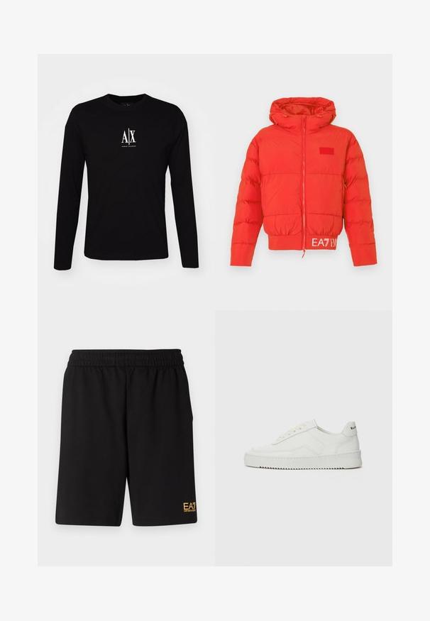 Raudonas pūkinis švarkas su reguliuojama kapuce, priekinėmis užtrauktukinėmis kišenėmis, elastingomis rankogaliais ir apačia. Juosmens srityje yra EA7 logotipas. Lygus, blizgus paviršius.; Juodas ilgomis rankovėmis marškinėliai, pagaminti iš medvilnės, su apvaliu iškirpimu. Centre ant krūtinės yra baltas logotipas "A|X". Paprastas dizainas, minimalūs akcentai.; Juoda sportinė šortai, pagaminti iš minkštos medžiagos, su elastingu diržu ir maža geltona EA7 logo apatinėje kairėje kojoje.; Balti odiniai sportiniai bateliai su lygia apdaila, apvaliu pirštu, plokščiais raišteliais ir tekstūruotu padu. Pasižymi subtiliu logotipu ant kulno.