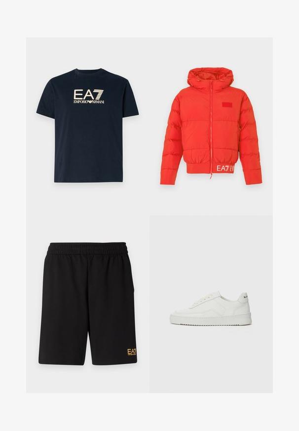 Casaco acolchoado vermelho com capuz ajustável, fecho de correr frontal, punhos elásticos e bainha. Apresenta o logótipo EA7 na cintura. Textura lisa e brilhante.; T-shirt de algodão azul-marinho com mangas curtas, apresentando um desenho de logótipo dourado que inclui o texto "EA7" e "EMPORIO ARMANI" com realces.; Calções desportivos pretos feitos de um tecido suave, com um cós elástico e um pequeno logótipo amarelo EA7 na parte inferior da perna esquerda.; Sapatilha de couro branco com acabamento suave, bico redondo, atacadores planos e uma sola texturizada. Apresenta um logotipo discreto no calcanhar.