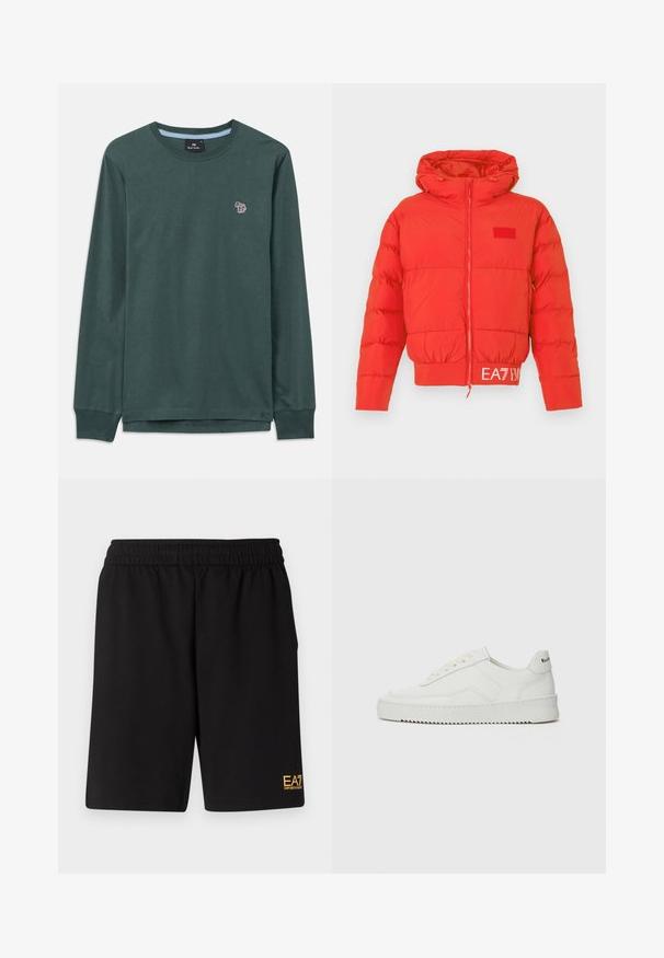 Crvena pufasta jakna s kapuljačom na vezanje, prednjim patentnim zatvaračem, elastičnim rukavima i rubom. Sadrži EA7 logo na pojasu. Glatka, sjajna tekstura.; Dugih rukava tamnozelena majica s okruglim izrezom, s malim šarenim logom zebre na lijevoj strani grudi i rebrastim manžetama.; Crne atletske kratke hlače od mekanog materijala, s elastičnim pojasom i malim žutim EA7 logotipom na donjoj lijevoj nozi.; Bijele kožne tenisice s glatkom površinom, okruglim vrhom, ravnim vezicama i teksturiranom potplatom. Imaju suptilan logo na peti.