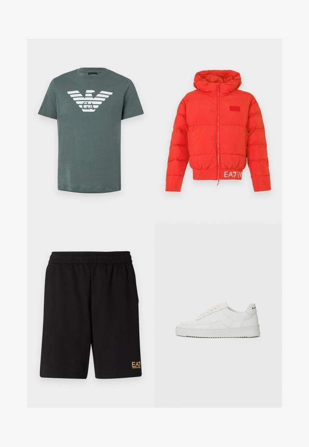 Casaco acolchoado vermelho com capuz ajustável, fecho de correr frontal, punhos elásticos e bainha. Apresenta o logótipo EA7 na cintura. Textura lisa e brilhante.; T-shirt de homem verde em algodão, com uma gráfica branca com riscas horizontais e um emblema de águia, gola redonda e mangas curtas.; Calções desportivos pretos feitos de um tecido suave, com um cós elástico e um pequeno logótipo amarelo EA7 na parte inferior da perna esquerda.; Sapatilha de couro branco com acabamento suave, bico redondo, atacadores planos e uma sola texturizada. Apresenta um logotipo discreto no calcanhar.