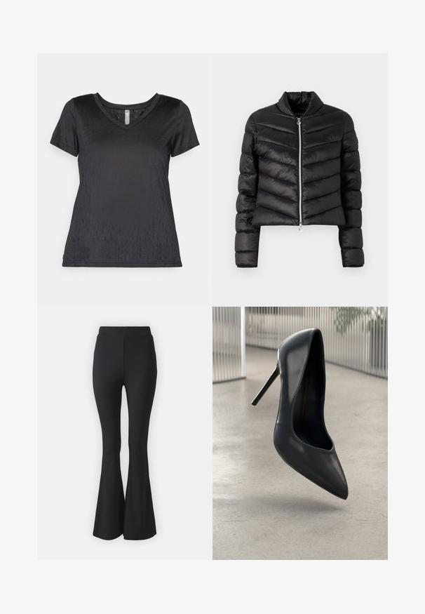 Crna skraćena puffer jakna s horizontalnim i vertikalnim šavovima, visokim ovratnikom, metalnim patentnim zatvaračem i uskim rukavima. Glatka, sjajna tkanina.; Crna majica s kratkim rukavima i V-izrezom, napravljena od glatkog materijala s suptilnim uzorkom i opuštenim krojem. Bezšavne ivice i minimalistički dizajn.; Crne traperice sa širokim nogavicama izrađene od rastezljivog materijala. Imaju visok struk i glatki, prilagođeni dizajn koji se širi od koljena prema dolje.; Crne kožne štikle s visokom petom, šiljastim nosom, elegantnog dizajna i bez vidljivih detalja. Glatka tekstura i minimalistički stil.