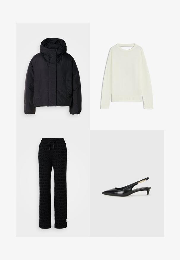 Schwarze Puffjacke mit hohem Kragen und Kapuze, ausgestattet mit zwei Fronttaschen und elastischen Bündchen. Glattes, leichtes Material mit matter Oberfläche.; Hellbeige Pullover mit Rundhalsausschnitt, langen Ärmeln, geripptem Saum und weicher Textur. Keine Muster oder sichtbaren Hardware-Details.; Schwarze Sweatpants mit einem sich wiederholenden Logo-Muster, elastischem Bund mit Kordelzug und lockerer Passform für zusätzlichen Komfort.; Schwarze Leder-Slingback-Pumps mit spitzem Schuhblatt, ausgestattet mit einem schlanken Absatz und einem goldfarbigen Akzent am verstellbaren Riemen. Glatte Textur.