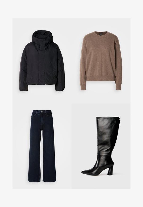 Melna pūka jaka ar augstu apkakli un kapuci, aprīkota ar divām priekšējām kabatām un elastīgam aprocēm. Gluda, viegla auduma struktūra ar matētu apdari.; Brūns adīts džemperis ar apaļu kakla izgriezumu, gariem piedurknēm un brīvu piegriezumu. Iezīmējas ar vieglu tekstūru un centrālo šuvju detaļu.; Tumši zili plašas kājas džinsi ar augstu jostasvietu, pogu aizdari, priekšējiem kabatām un gludu denima struktūru.; Ceļgala augstumā melnas ādas zābaki ar saplacinātu purngalu, gludu tekstūru un masīlu papēdi. Aizmugurē ir rāvējslēdzēja detalizācija.