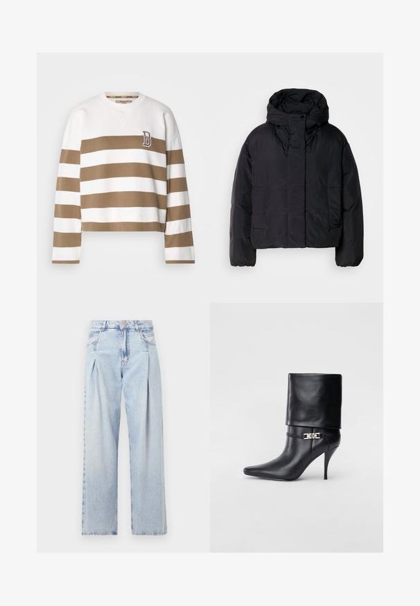Fekete puffert zakó magas gallérral és kapucnival, két elülső zsebbel és rugalmas mandzsettákkal. Simább, könnyű anyag matt felülettel.; Barna és fehér csíkos, rövid fazonú pulóver, kerek nyakkal és hosszú ujjakkal. A bal melle részén egy "B" logóval rendelkezik. Pamut anyag.; Világoskék farmernadrág magas derekú, bő szabású, két oldalsó zsebbel és pliszírozott dizájnnal. Puha tapintású, elhalványított felület.; Fekete bőr bokacsizma hegyes orral, magas stiletto sarokkal, hajtott szegéllyel és arany díszcsattal a bokán.