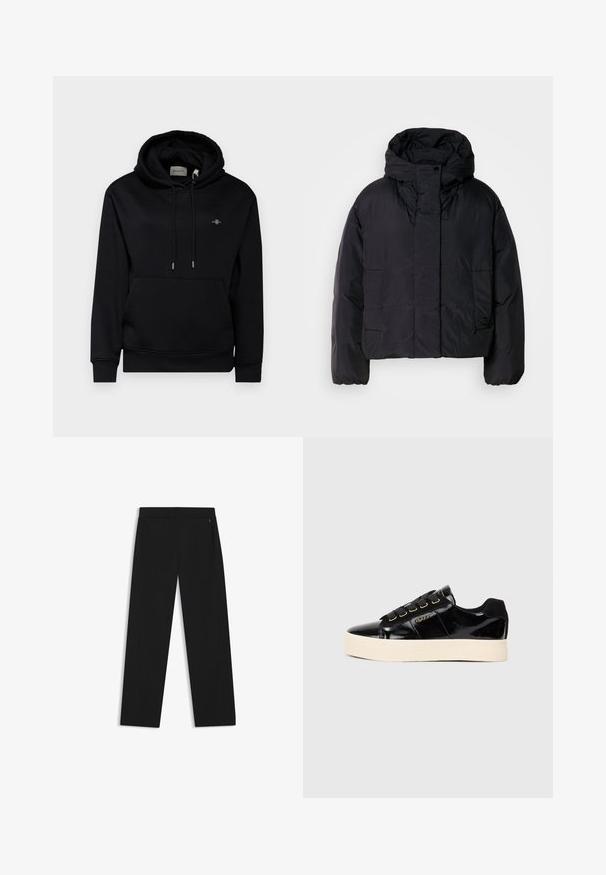 Black puffer jacket with a high collar and hood, featuring two front pockets and elastic cuffs. Smooth, lightweight material with a matte finish.; Black hoodie with a front pocket, drawstrings, and soft fabric. Features a small embroidered logo on the chest and ribbed cuffs.; Black wide-leg trousers made of smooth fabric, featuring side pockets and a flat front waistband for a streamlined look.; Black patent leather sneakers with a flat cream sole. Features black laces, gold eyelets, and logo detail on the side. Rounded toe design.