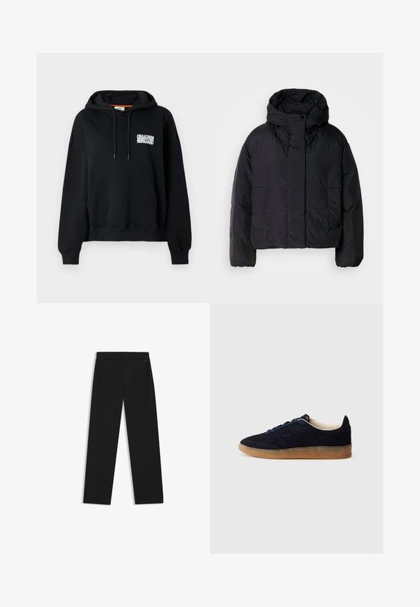 Veste matelassée noire avec un col haut et une capuche, dotée de deux poches avant et de poignets élastiques. Matériau lisse et léger avec une finition mate.; Sweat-shirt à capuche noir avec une poche avant, des cordons de serrage et un texte imprimé blanc. Tissu doux, poignets et ourlet côtelés. Coupe régulière.; Pantalons larges noirs en tissu lisse, dotés de poches latérales et d'une taille plate à l'avant pour un look épuré.; Baskets en daim marine avec une semelle en caoutchouc gomme, des lacets bleus et un design minimaliste. Présentent un logo embossé sur le côté et une doublure intérieure lisse.