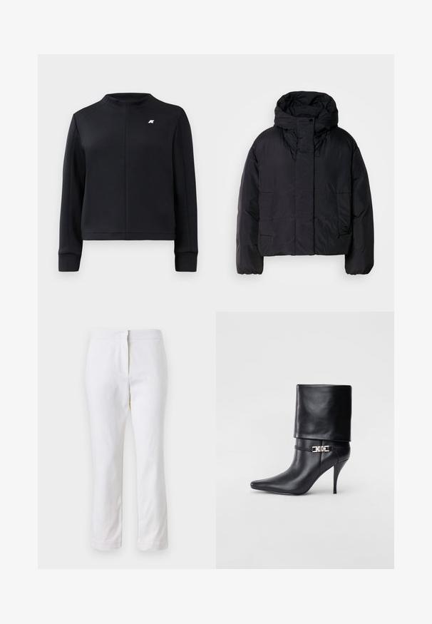 Black puffer jacket with a high collar and hood, featuring two front pockets and elastic cuffs. Smooth, lightweight material with a matte finish.; Black sweatshirt with a high collar, long sleeves, and a fitted design. Features a small logo on the chest and textured fabric.; White cotton pants with a straight leg design, featuring a mid-rise waist and no visible hardware or patterns. Smooth texture throughout.; Black leather ankle boot with a pointed toe, high stiletto heel, fold-over cuff, and a gold decorative buckle detail on the ankle.