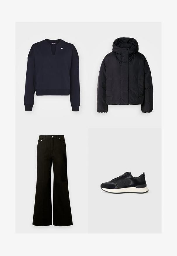 Čierna puffrová bunda s vysokým golierom a kapucňou, so zapracovanými dvoma prednými vreckami a elastickými manžetami. Hladký, ľahký materiál s matným povrchom.; K-Way LOIZ - Mikina - blue depht; Čierne rifle s vysokým pásom a širokými nohavicami, s predným zapínaním na gombíky a zips, pútkami na opasok a piatimi vreckami vrátane malého vrecka na mince.; Čierna atletická obuv s hladkým koženým zvrškom, semišovými akcentmi, okrúhlou špičkou a kontrastnou bielou medzipodrážkou. Zahrnuje šnurovanie a detail s logom.